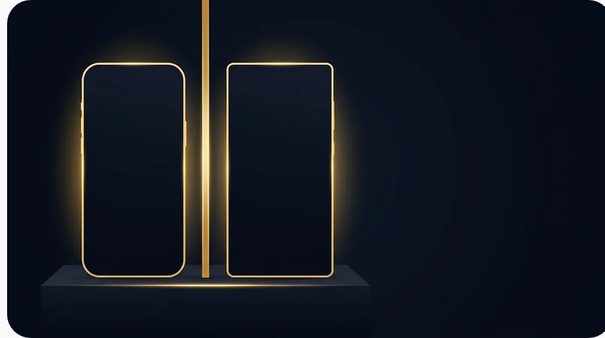 Hai mẫu điện thoại Android và iPhone đặt cạnh nhau trên bục tối