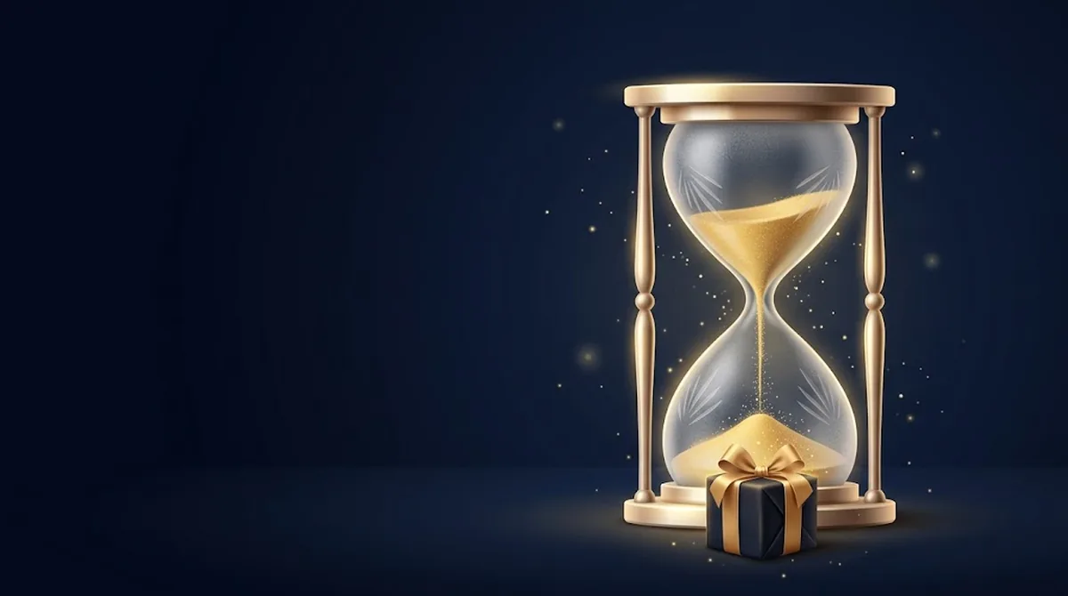 Đồng hồ cát kính mờ đổ cát vàng xuống hộp quà nhỏ bên dưới