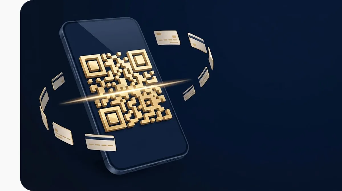 Điện thoại hiển thị mã QR vàng đang được quét cùng các thẻ ngân hàng xoay quanh