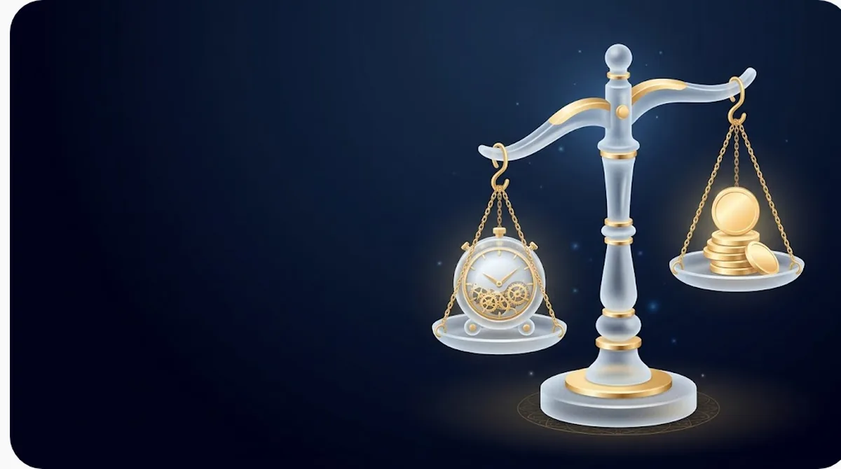 Cán cân thuỷ tinh vàng một bên là chồng xu một bên là chiếc đồng hồ