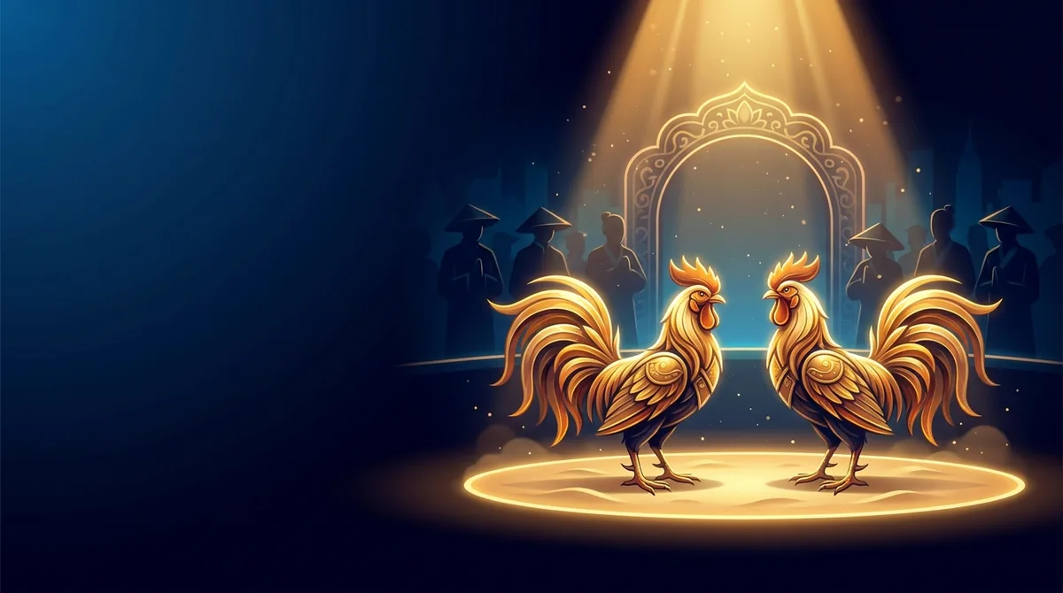 Đá gà Bo88bet - hai chiến kê trên sới đấu tròn dưới ánh đèn spotlight vàng
